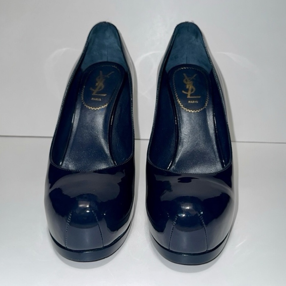 SAINT LAURENT Tribtoo 80 Patent Navy Blue Leather Heel Round Toe Pumps Size 40 - Picture 12 of 16